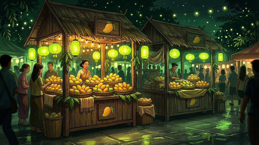 Ilustrasi dua kios pasar bersebelahan yang menjual buah serupa dengan pencahayaan berbeda